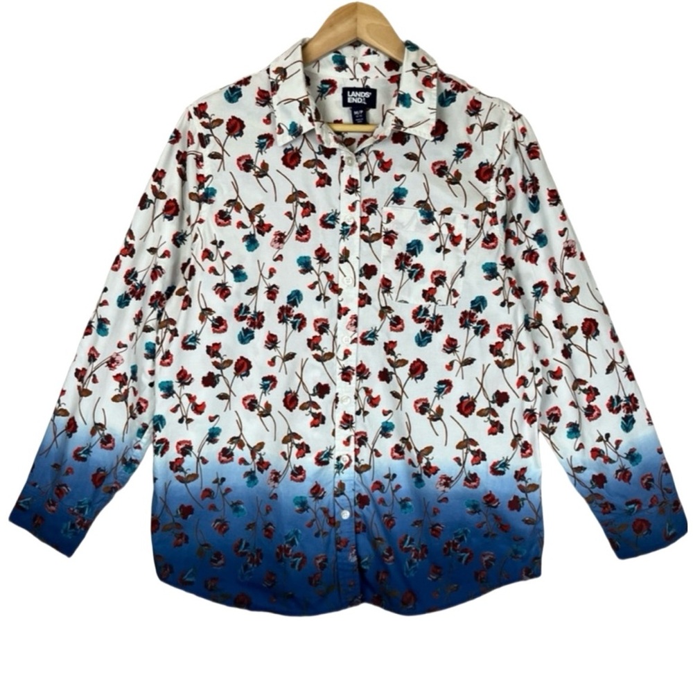 Land’s End Floral Poppies Ombre Button-Front Blouse White & Blue Medium Petitie